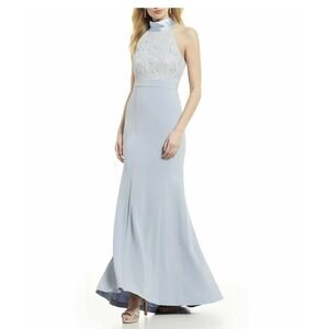 ELIZA J Halter Neck Lace And Crepe Mermaid Gown Size 6 Blue Lined Stretch